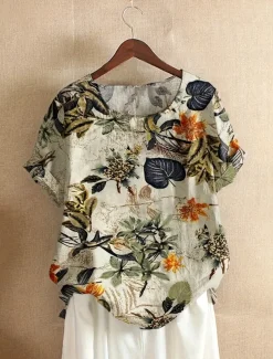Women's Plus Size T Shirt Leaf Flower Daily Casual Short Sleeve Crew Neck Daily Print Beige All Seasons