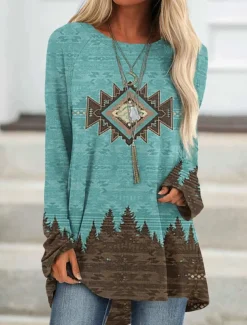 Women's Plus Size T Shirt Tunic Shirts Geometric Plaid Vintage Tunic Ethnic Long Sleeve Round Neck Long Tops Casual Print Marron Yellow Light Green Wine Red Fall & Winter Prefall