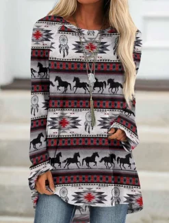 Women's Plus Size T Shirt Tunic Shirts Geometric Plaid Vintage Tunic Ethnic Long Sleeve Round Neck Long Tops Casual Print Marron Yellow Light Green Wine Red Fall & Winter Prefall