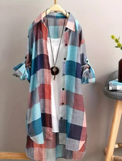 Women's Plus Size Tunic Shacket Plaid Daily Long Sleeve Shirt Collar Casual Holiday Buttons Black Pink Blue All Seasons