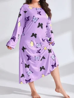 Women's Plus Size Valentine Dress Pajamas Sleepwear Heart Butterfly Fashion Casual Home Bed Comfort Breathable Crew Neck Long Sleeve Spring Home Outfits