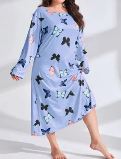 Women's Plus Size Valentine Dress Pajamas Sleepwear Heart Butterfly Fashion Casual Home Bed Comfort Breathable Crew Neck Long Sleeve Spring Home Outfits