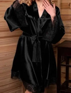 Women's Plus Size Valentine Dress Pajamas Bathrobe Silk Robe Pure Color Simple Casual Comfort Home Daily Wedding Party Satin Silk Breathable V Wire Long Sleeve Summer Fall Home Outfits