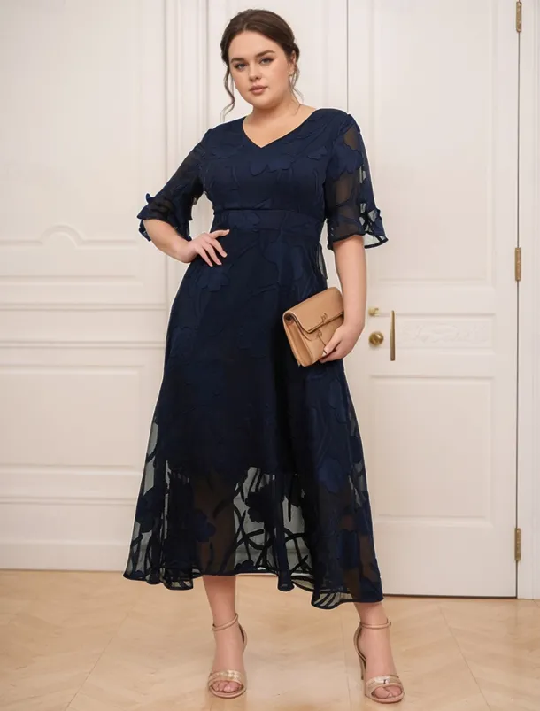 Women's Plus Size Wedding Guest Cocktail Dress Maxi Dress Lace Ruffle Party Elegant Formal V Neck Half Sleeve Flutter Sleeve Dark Blue Color