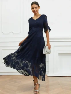 Women's Plus Size Wedding Guest Cocktail Dress Maxi Dress Lace Ruffle Party Elegant Formal V Neck Half Sleeve Flutter Sleeve Dark Blue Color