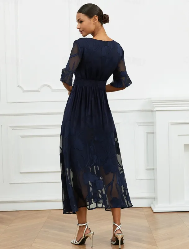 Women's Plus Size Wedding Guest Cocktail Dress Maxi Dress Lace Ruffle Party Elegant Formal V Neck Half Sleeve Flutter Sleeve Dark Blue Color