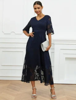 Women's Plus Size Wedding Guest Cocktail Dress Maxi Dress Lace Ruffle Party Elegant Formal V Neck Half Sleeve Flutter Sleeve Dark Blue Color