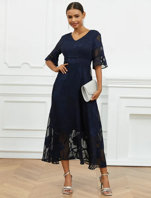 Women's Plus Size Wedding Guest Cocktail Dress Maxi Dress Lace Ruffle Party Elegant Formal V Neck Half Sleeve Flutter Sleeve Dark Blue Color