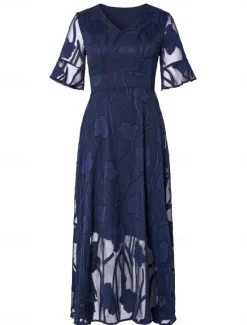 Women's Plus Size Wedding Guest Cocktail Dress Maxi Dress Lace Ruffle Party Elegant Formal V Neck Half Sleeve Flutter Sleeve Dark Blue Color