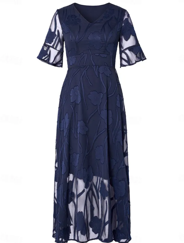 Women's Plus Size Wedding Guest Cocktail Dress Maxi Dress Lace Ruffle Party Elegant Formal V Neck Half Sleeve Flutter Sleeve Dark Blue Color