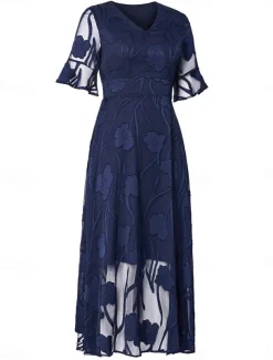 Women's Plus Size Wedding Guest Cocktail Dress Maxi Dress Lace Ruffle Party Elegant Formal V Neck Half Sleeve Flutter Sleeve Dark Blue Color