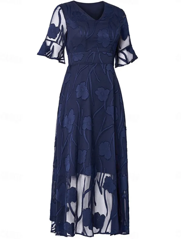Women's Plus Size Wedding Guest Cocktail Dress Maxi Dress Lace Ruffle Party Elegant Formal V Neck Half Sleeve Flutter Sleeve Dark Blue Color
