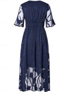 Women's Plus Size Wedding Guest Cocktail Dress Maxi Dress Lace Ruffle Party Elegant Formal V Neck Half Sleeve Flutter Sleeve Dark Blue Color