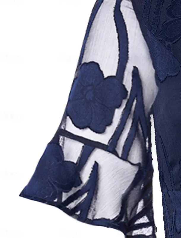 Women's Plus Size Wedding Guest Cocktail Dress Maxi Dress Lace Ruffle Party Elegant Formal V Neck Half Sleeve Flutter Sleeve Dark Blue Color