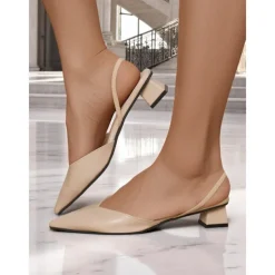 Women's Pointed Toe Slingback Pumps – Low Heel Faux Leather Heels for Elegant Office and Dress Occasions