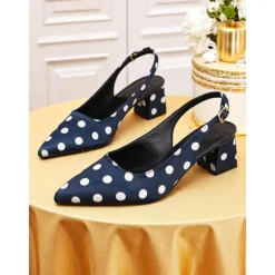 Women's Polka Dot Slingback Block Heel Pumps – Vintage 1950s Style Dress Shoes for Parties, Office, and Retro Events