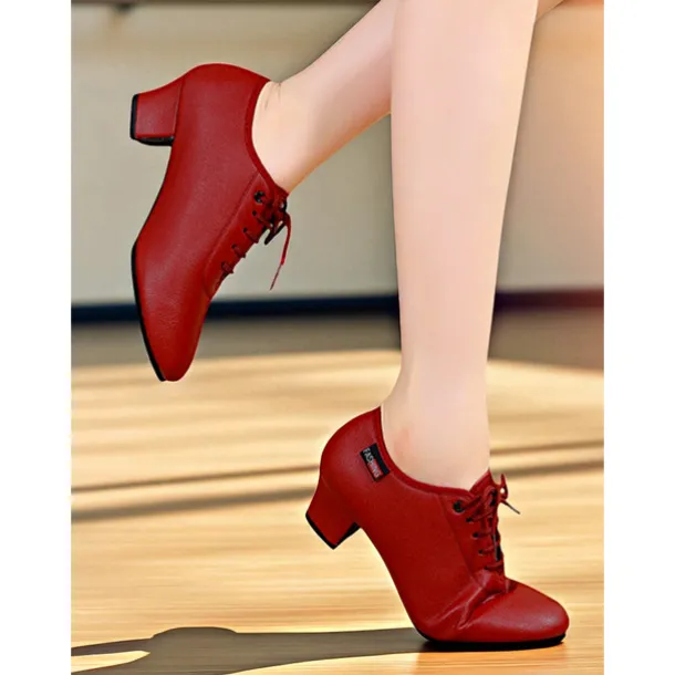 Women's Professional Dance Shoes - Burgundy Lace-Up Practice Heels with Comfortable Block Heel and Soft Leather Finish, Ideal for Ballroom, Latin and Jazz Dance Training