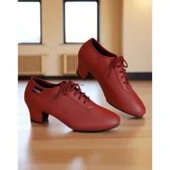 Women's Professional Dance Shoes - Burgundy Lace-Up Practice Heels with Comfortable Block Heel and Soft Leather Finish, Ideal for Ballroom, Latin and Jazz Dance Training