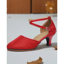 Women's Professional Glitter Mesh Dance Shoes with Gold Metallic Accents and Adjustable Ankle Strap for Ballroom and Latin Dance