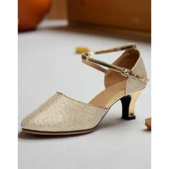 Women's Professional Glitter Mesh Dance Shoes with Gold Metallic Accents and Adjustable Ankle Strap for Ballroom and Latin Dance