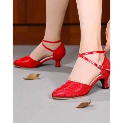 Women's Professional Glitter Mesh Dance Shoes with Gold Metallic Accents and Adjustable Ankle Strap for Ballroom and Latin Dance