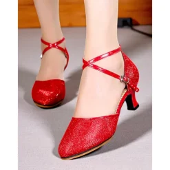 Women's Professional Glitter Mesh Dance Shoes with Gold Metallic Accents and Adjustable Ankle Strap for Ballroom and Latin Dance