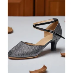 Women's Professional Glitter Mesh Dance Shoes with Gold Metallic Accents and Adjustable Ankle Strap for Ballroom and Latin Dance