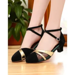 Women's Professional Latin Dance Shoes - Polka Dot Heels with Gold Accent and Ankle Strap, Ideal for Ballroom Practice, Salsa, and Rumba Performances