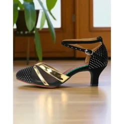 Women's Professional Latin Dance Shoes - Polka Dot Heels with Gold Accent and Ankle Strap, Ideal for Ballroom Practice, Salsa, and Rumba Performances