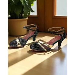 Women's Professional Latin Dance Shoes - Polka Dot Heels with Gold Accent and Ankle Strap, Ideal for Ballroom Practice, Salsa, and Rumba Performances
