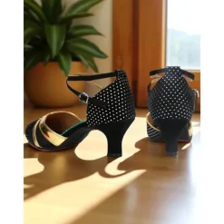 Women's Professional Latin Dance Shoes - Polka Dot Heels with Gold Accent and Ankle Strap, Ideal for Ballroom Practice, Salsa, and Rumba Performances