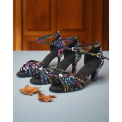 Women's Professional Satin Dance Sandals with Rainbow Cracked Design and Adjustable Ankle Strap for Ballroom and Latin Dance