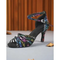 Women's Professional Satin Dance Sandals with Rainbow Cracked Design and Adjustable Ankle Strap for Ballroom and Latin Dance