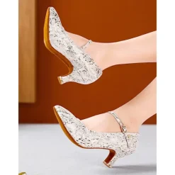 Women's Professional Snake Print Dance Shoes with Adjustable Ankle Strap and Mid Heel for Ballroom and Latin Dance