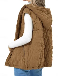 Women's Puffer Vest Quilted Vest Windproof Warm Patchwork Simple Solid Color Daily Regular Hooded Regular Fit Sleeveless Outerwear Black White Camel Fall Winter