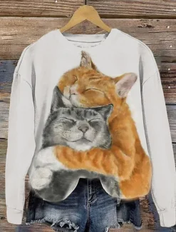 Women's Pullover Casual Cat Dailywear Casual Hoodie Print Long Sleeve Beige Fall Winter