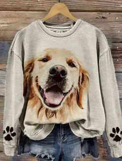 Women's Pullover Casual Dog Dailywear Casual Crew Neck Print Long Sleeve Beige Fall Winter