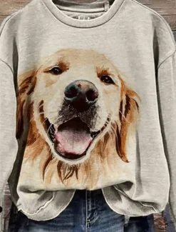 Women's Pullover Casual Dog Dailywear Casual Crew Neck Print Long Sleeve Beige Fall Winter