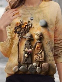 Women's Pullover 3D Print Sweatshirts Graphic Vintage Classic Casual Long Sleeve Crew Neck Regular Tops Home Work Street Print Yellow