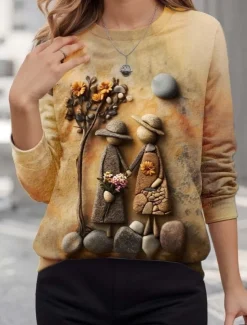 Women's Pullover 3D Print Sweatshirts Graphic Vintage Classic Casual Long Sleeve Crew Neck Regular Tops Home Work Street Print Yellow