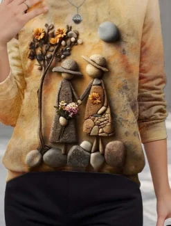 Women's Pullover 3D Print Sweatshirts Graphic Vintage Classic Casual Long Sleeve Crew Neck Regular Tops Home Work Street Print Yellow