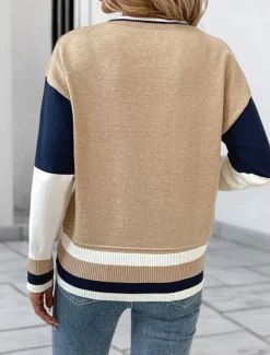 Women's Pullover Elegant Vintage Daily Geometric Crew Neck Check Pattern Long Sleeve Regular Tops Knit School Outdoor Home Blue and White Spring Fall