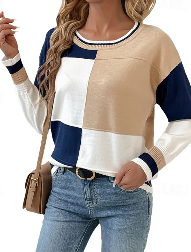 Women's Pullover Elegant Vintage Daily Geometric Crew Neck Check Pattern Long Sleeve Regular Tops Knit School Outdoor Home Blue and White Spring Fall
