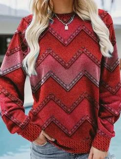 Women's Pullover Geometric Zipper Crew Neck Long Sleeve Inelastic Spring Fall Comfrt Breathable Soft Fabric