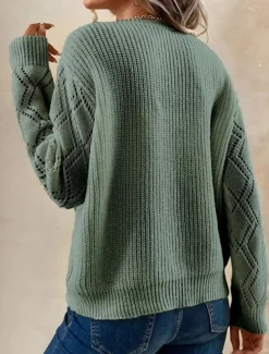 Women's Pullover Sweater Jumper Elegant Solid Color Ribbed V Neck Lace Long Sleeve Regular Tops Knit Daily Black White Spring Fall