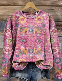 Women's Pullover Sweatshirt Graphic Paisley Warm Vintage Western Long Sleeve Crew Neck Regular Tops Street Dailywear Casual Print Pink Red Blue Fuchsia Green Spring Fall Winter