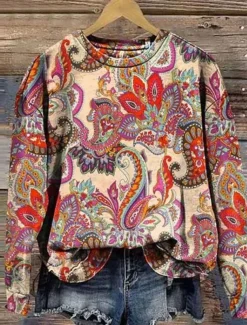 Women's Pullover Sweatshirt Graphic Paisley Warm Vintage Western Long Sleeve Crew Neck Regular Tops Street Dailywear Casual Print Pink Red Blue Fuchsia Green Spring Fall Winter