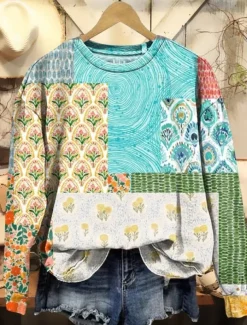 Women's Pullover Sweatshirt Graphic Paisley Warm Vintage Western Long Sleeve Crew Neck Regular Tops Street Dailywear Casual Print Pink Red Blue Fuchsia Green Spring Fall Winter