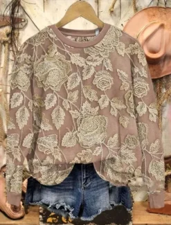 Women's Pullover Sweatshirt Floral Warm Vintage Cute Long Sleeve Crew Neck Regular Tops Home Street Dailywear Print Dark Pink Khaki Spring Fall Winter