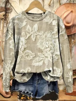 Women's Pullover Sweatshirt Floral Warm Vintage Cute Long Sleeve Crew Neck Regular Tops Home Street Dailywear Print Dark Pink Khaki Spring Fall Winter